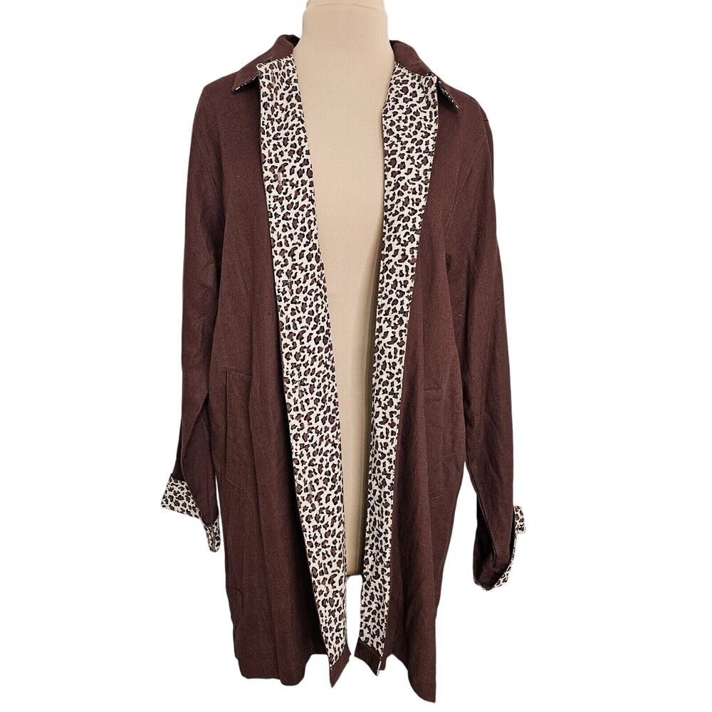 Marisa Christina Jacket Womens XL Linen Brown Animal Print Longline Pockets VTG